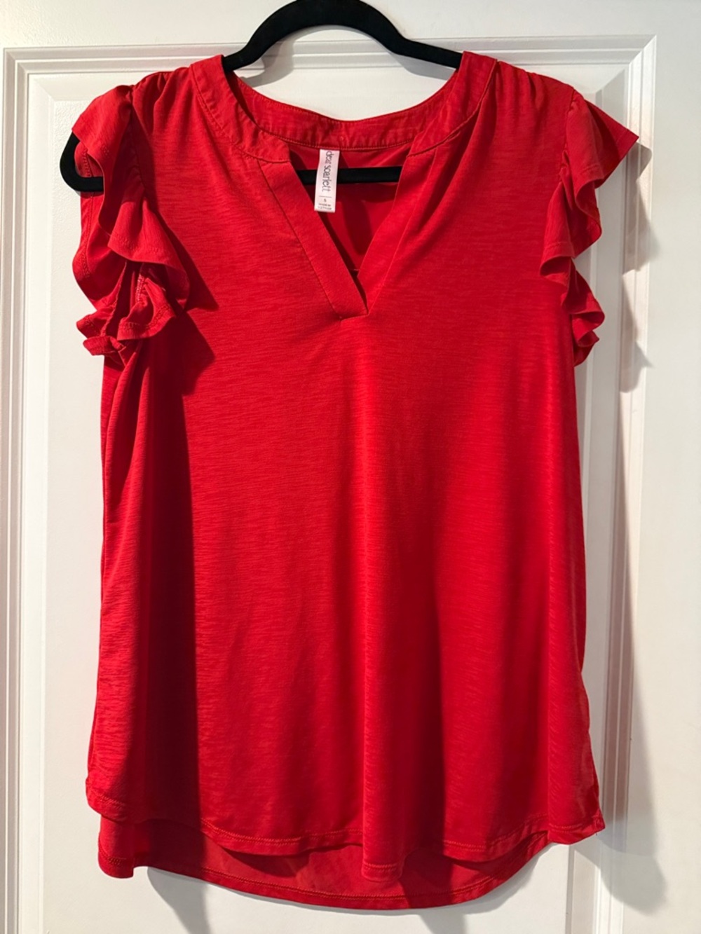 Bright Red Ruffle Sleeve V-Neck Blouse - Casual Women's Top